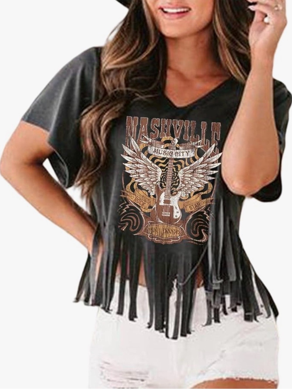 Nashville Graphic Fringe Crop Top - Black
